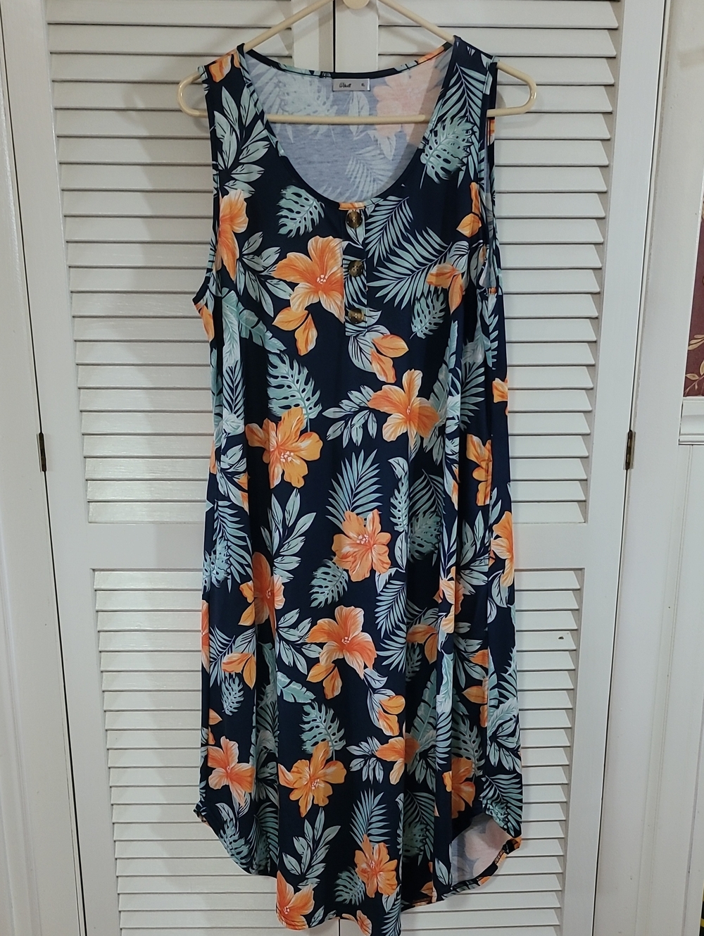 Wiholl Navy Tropical Floral Sleeveless Sundress, Pockets, with Orange Hibiscus
